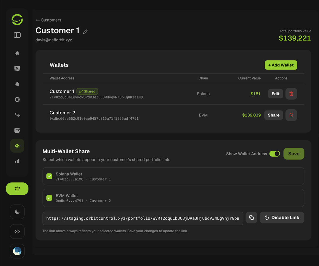 Customer view with wallets and the multi-wallet share link