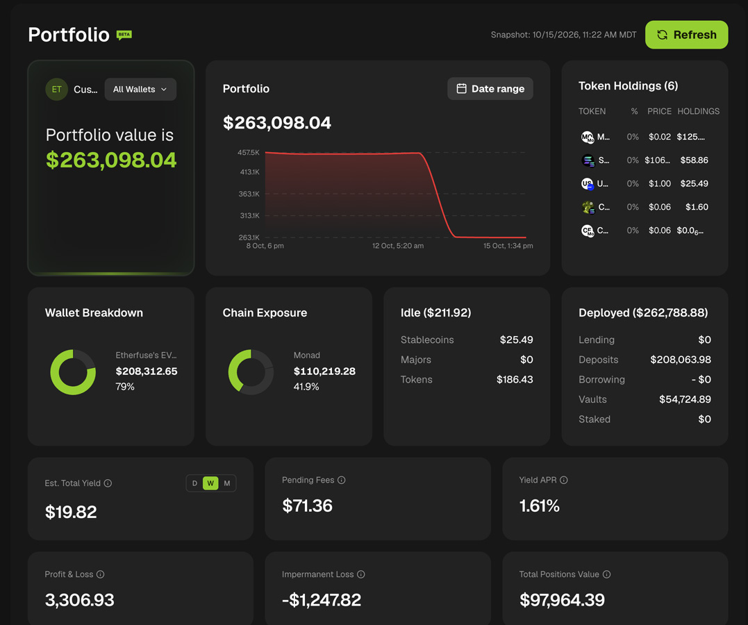 Shared client portfolio view with value, holdings and yield