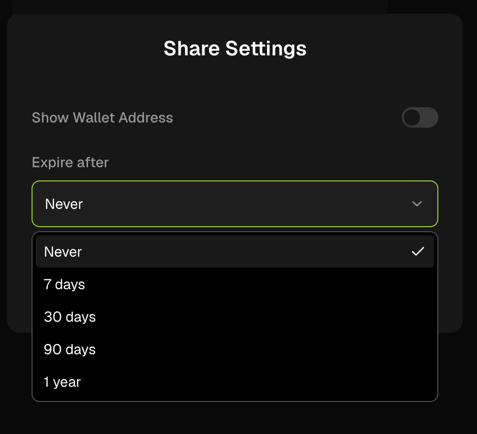 Share settings with a toggle to show the wallet address and an expiry menu offering never, 7 days, 30 days, 90 days and 1 year