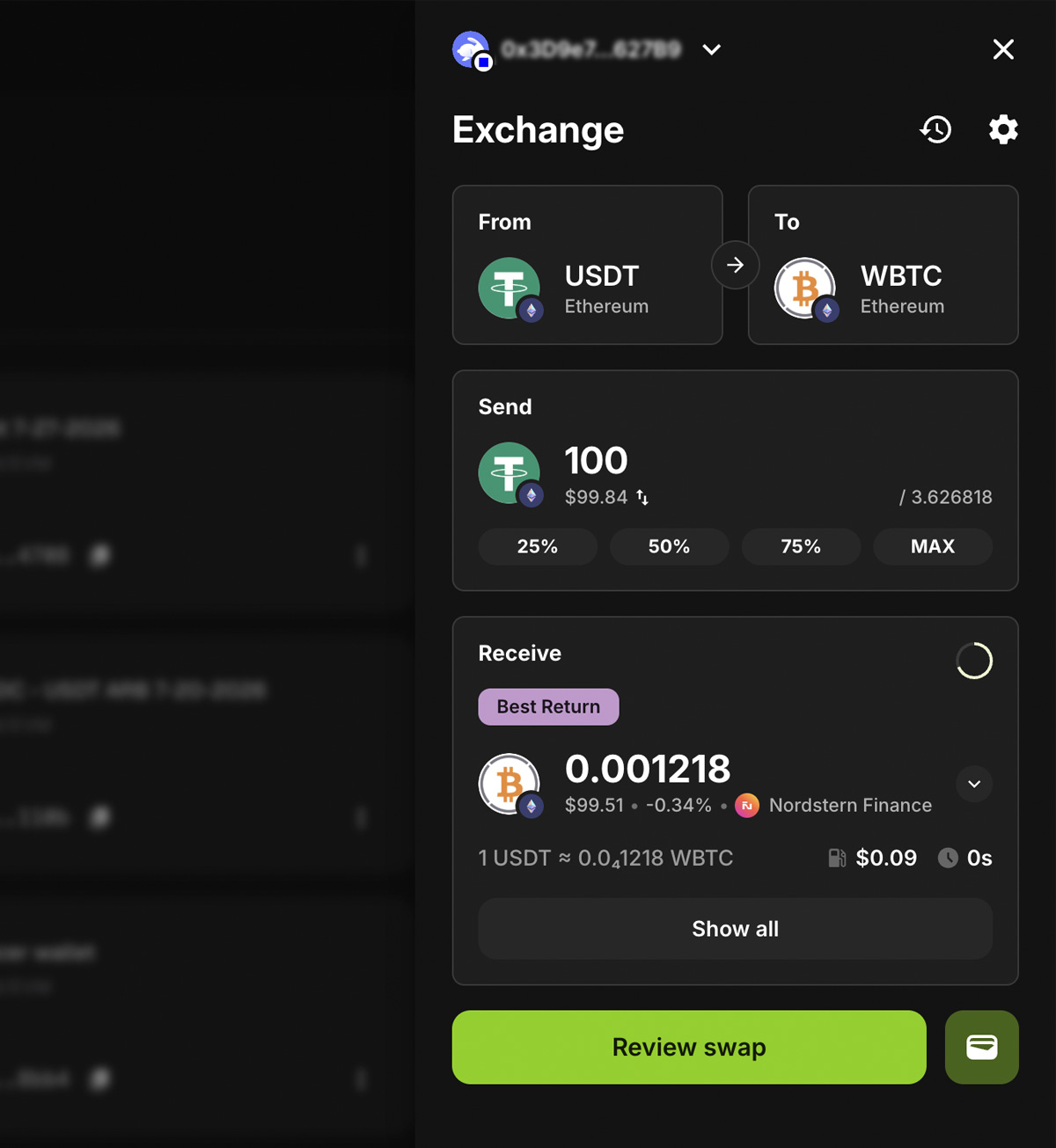 DeFi Orbit Exchange panel swapping 100 USDT for WBTC on Ethereum, with the best route, fee and Review swap button