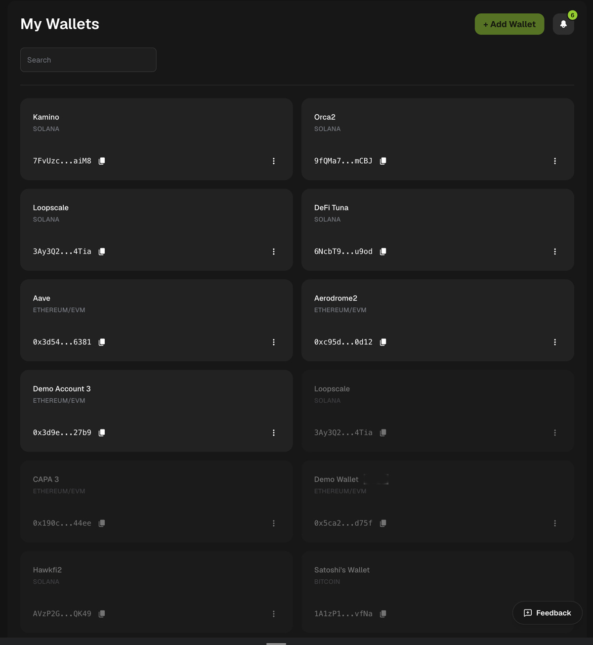 My Wallets: named Solana, EVM and Bitcoin wallets with their addresses, and an Add Wallet button