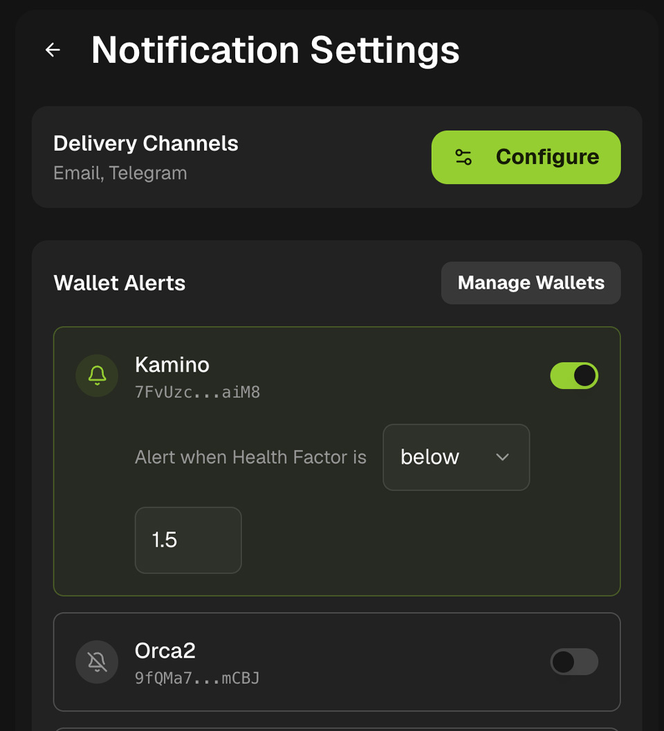 Notification settings with a health factor threshold per wallet