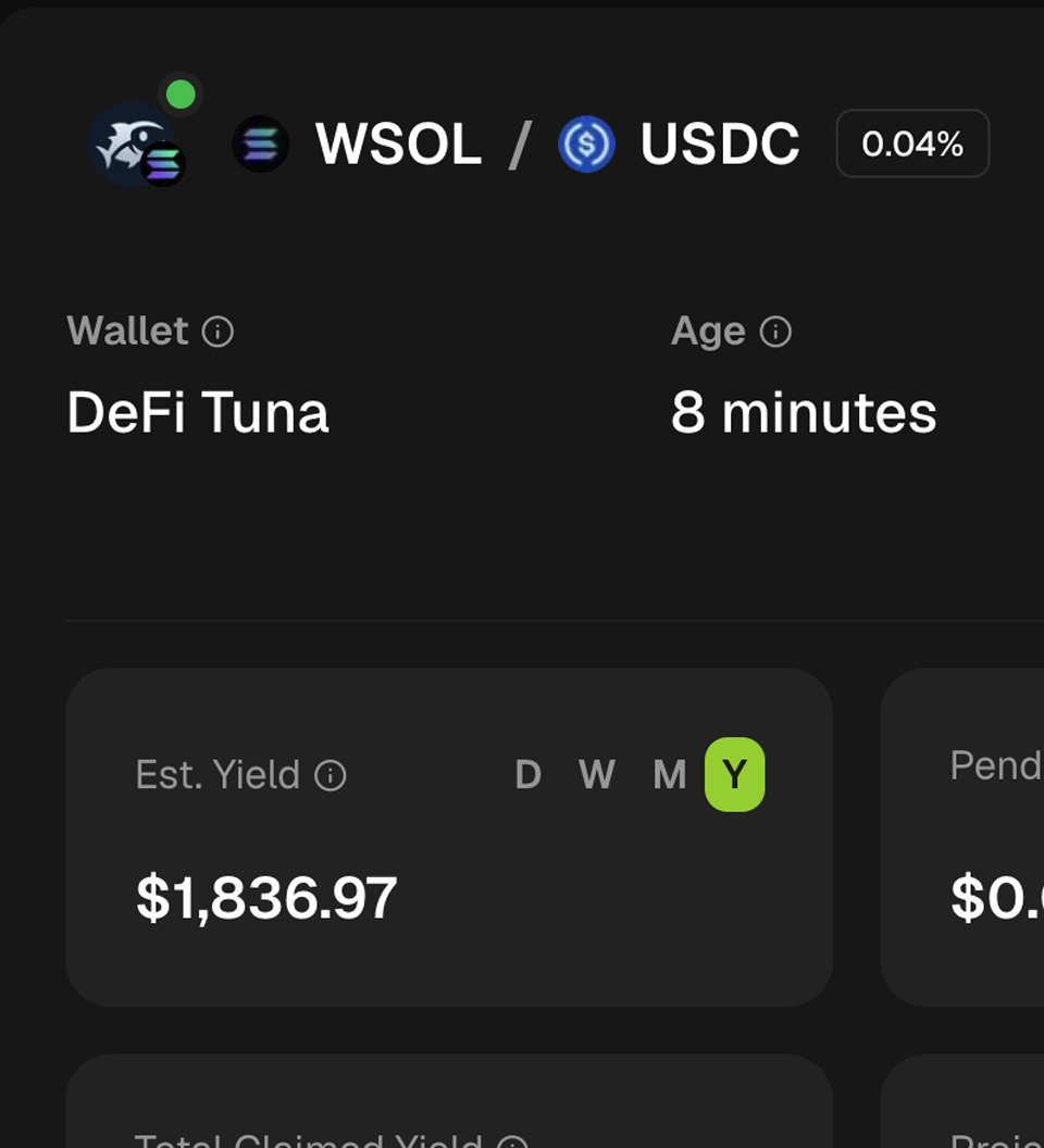Position detail with estimated yield for a WSOL / USDC position
